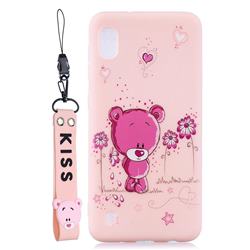 Pink Flower Bear Soft Kiss Candy Hand Strap Silicone Case for Samsung Galaxy A01