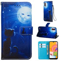 Cat and Moon Matte Leather Wallet Phone Case for Samsung Galaxy A01