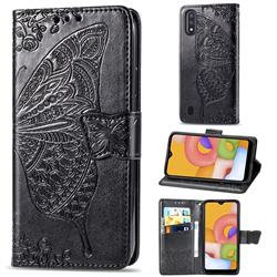 Embossing Mandala Flower Butterfly Leather Wallet Case for Samsung Galaxy A01 - Black