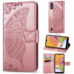 Embossing Mandala Flower Butterfly Leather Wallet Case for Samsung Galaxy A01 - Rose Gold