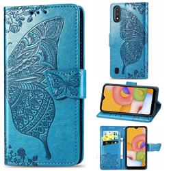 Embossing Mandala Flower Butterfly Leather Wallet Case for Samsung Galaxy A01 - Blue