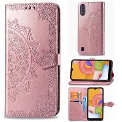 Embossing Imprint Mandala Flower Leather Wallet Case for Samsung Galaxy A01 - Rose Gold