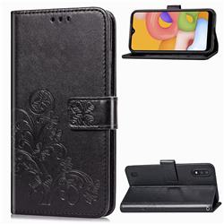 Embossing Imprint Four-Leaf Clover Leather Wallet Case for Samsung Galaxy A01 - Black