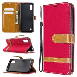 Jeans Cowboy Denim Leather Wallet Case for Samsung Galaxy A01 - Red