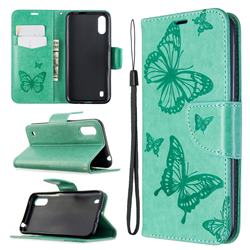 Embossing Double Butterfly Leather Wallet Case for Samsung Galaxy A01 - Green