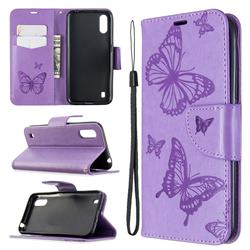 Embossing Double Butterfly Leather Wallet Case for Samsung Galaxy A01 - Purple