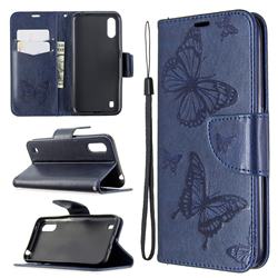 Embossing Double Butterfly Leather Wallet Case for Samsung Galaxy A01 - Dark Blue