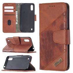 BinfenColor BF04 Color Block Stitching Crocodile Leather Case Cover for Samsung Galaxy A01 - Brown