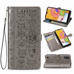 Embossing Dog Paw Kitten and Puppy Leather Wallet Case for Samsung Galaxy A01 - Gray