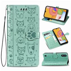 Embossing Dog Paw Kitten and Puppy Leather Wallet Case for Samsung Galaxy A01 - Green