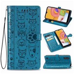 Embossing Dog Paw Kitten and Puppy Leather Wallet Case for Samsung Galaxy A01 - Blue