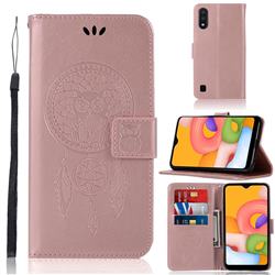 Intricate Embossing Owl Campanula Leather Wallet Case for Samsung Galaxy A01 - Rose Gold
