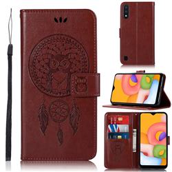 Intricate Embossing Owl Campanula Leather Wallet Case for Samsung Galaxy A01 - Brown