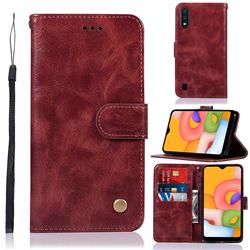 Luxury Retro Leather Wallet Case for Samsung Galaxy A01 - Wine Red