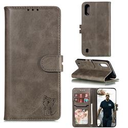Embossing Happy Cat Leather Wallet Case for Samsung Galaxy A01 - Gray