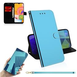 Shining Mirror Like Surface Leather Wallet Case for Samsung Galaxy A01 - Blue