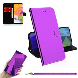 Shining Mirror Like Surface Leather Wallet Case for Samsung Galaxy A01 - Purple