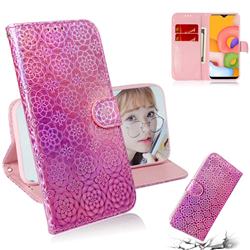 Laser Circle Shining Leather Wallet Phone Case for Samsung Galaxy A01 - Pink