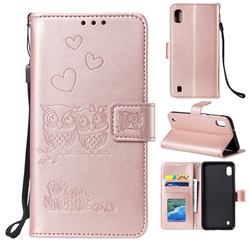 Embossing Owl Couple Flower Leather Wallet Case for Samsung Galaxy A01 - Rose Gold