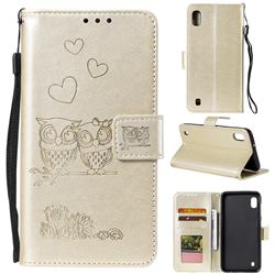 Embossing Owl Couple Flower Leather Wallet Case for Samsung Galaxy A01 - Golden