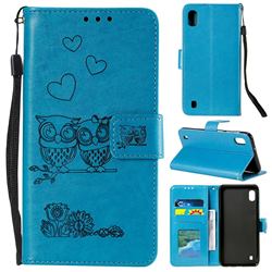 Embossing Owl Couple Flower Leather Wallet Case for Samsung Galaxy A01 - Blue