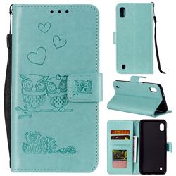 Embossing Owl Couple Flower Leather Wallet Case for Samsung Galaxy A01 - Green