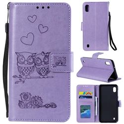 Embossing Owl Couple Flower Leather Wallet Case for Samsung Galaxy A01 - Purple
