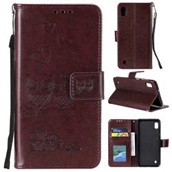 Embossing Owl Couple Flower Leather Wallet Case for Samsung Galaxy A01 - Brown