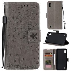 Embossing Cherry Blossom Cat Leather Wallet Case for Samsung Galaxy A01 - Gray