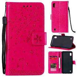 Embossing Cherry Blossom Cat Leather Wallet Case for Samsung Galaxy A01 - Rose