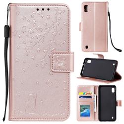 Embossing Cherry Blossom Cat Leather Wallet Case for Samsung Galaxy A01 - Rose Gold
