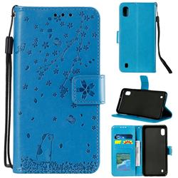 Embossing Cherry Blossom Cat Leather Wallet Case for Samsung Galaxy A01 - Blue