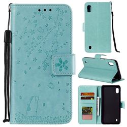 Embossing Cherry Blossom Cat Leather Wallet Case for Samsung Galaxy A01 - Green