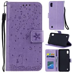 Embossing Cherry Blossom Cat Leather Wallet Case for Samsung Galaxy A01 - Purple