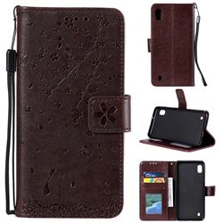 Embossing Cherry Blossom Cat Leather Wallet Case for Samsung Galaxy A01 - Brown