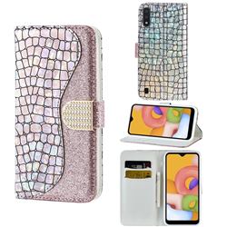 Glitter Diamond Buckle Laser Stitching Leather Wallet Phone Case for Samsung Galaxy A01 - Pink