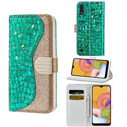 Glitter Diamond Buckle Laser Stitching Leather Wallet Phone Case for Samsung Galaxy A01 - Green