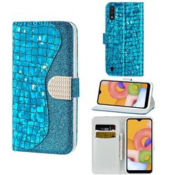 Glitter Diamond Buckle Laser Stitching Leather Wallet Phone Case for Samsung Galaxy A01 - Blue