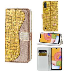 Glitter Diamond Buckle Laser Stitching Leather Wallet Phone Case for Samsung Galaxy A01 - Gold
