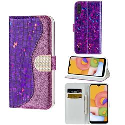 Glitter Diamond Buckle Laser Stitching Leather Wallet Phone Case for Samsung Galaxy A01 - Purple