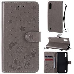 Embossing Bee and Cat Leather Wallet Case for Samsung Galaxy A01 - Gray