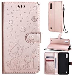 Embossing Bee and Cat Leather Wallet Case for Samsung Galaxy A01 - Rose Gold