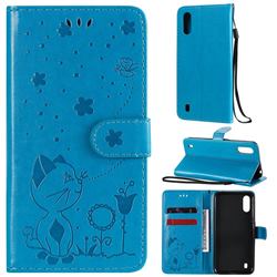 Embossing Bee and Cat Leather Wallet Case for Samsung Galaxy A01 - Blue