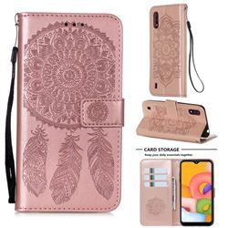 Embossing Dream Catcher Mandala Flower Leather Wallet Case for Samsung Galaxy A01 - Rose Gold