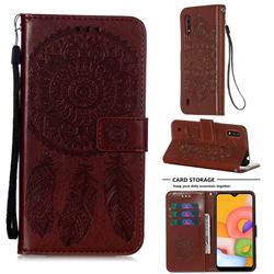 Embossing Dream Catcher Mandala Flower Leather Wallet Case for Samsung Galaxy A01 - Brown