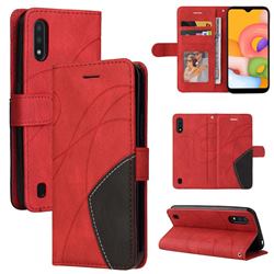 Luxury Two-color Stitching Leather Wallet Case Cover for Samsung Galaxy A01 - Red