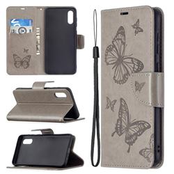 Embossing Double Butterfly Leather Wallet Case for Samsung Galaxy A02 - Gray