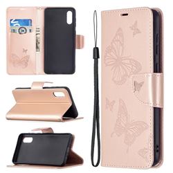 Embossing Double Butterfly Leather Wallet Case for Samsung Galaxy A02 - Rose Gold