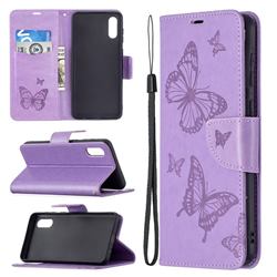Embossing Double Butterfly Leather Wallet Case for Samsung Galaxy A02 - Purple