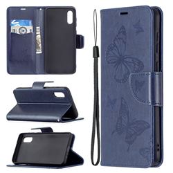 Embossing Double Butterfly Leather Wallet Case for Samsung Galaxy A02 - Dark Blue